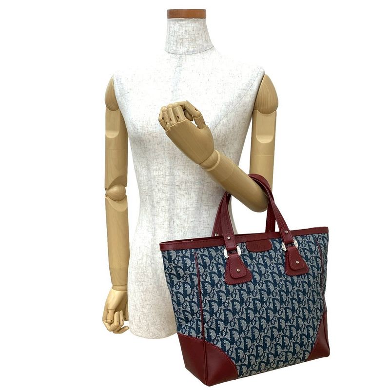 Christian Dior Logo Trotter Pattern Canvas Leather Handbag Tote